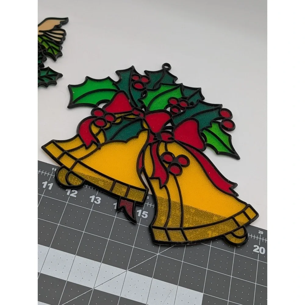 Plastic‎ Christmas Stained Window Hanging 11 Inch Candle Doves Bells Holly